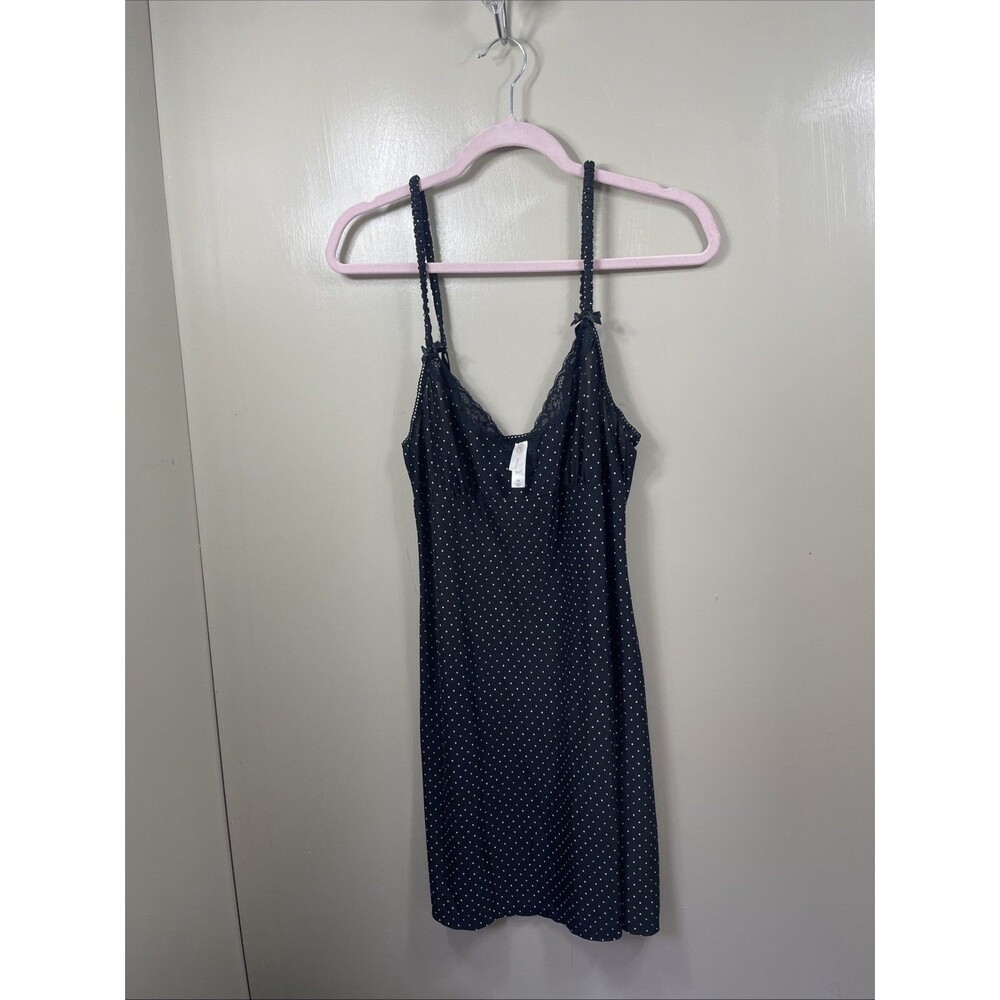 Brandy Melville Black Polka Dot Mini Slip Dress Lace Trim Bow Coquette Fairy Cut